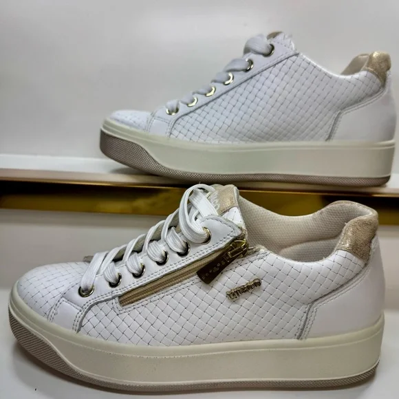 Igi & Co White Woven Leather Platform Sneakers Zip Side Gold Accents Sz Womens 7 - Picture 3 of 16